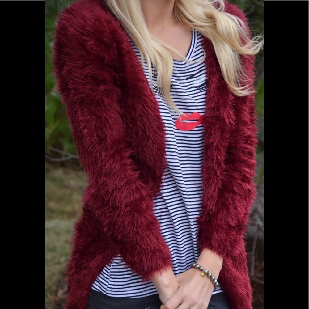 burgundy Faux Fur Cardigan